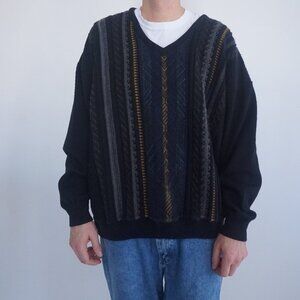 Vintage '80S Leather Fog Black 3D  Eclectic Grandpa Wool V-Neck Knit Sweater 3X